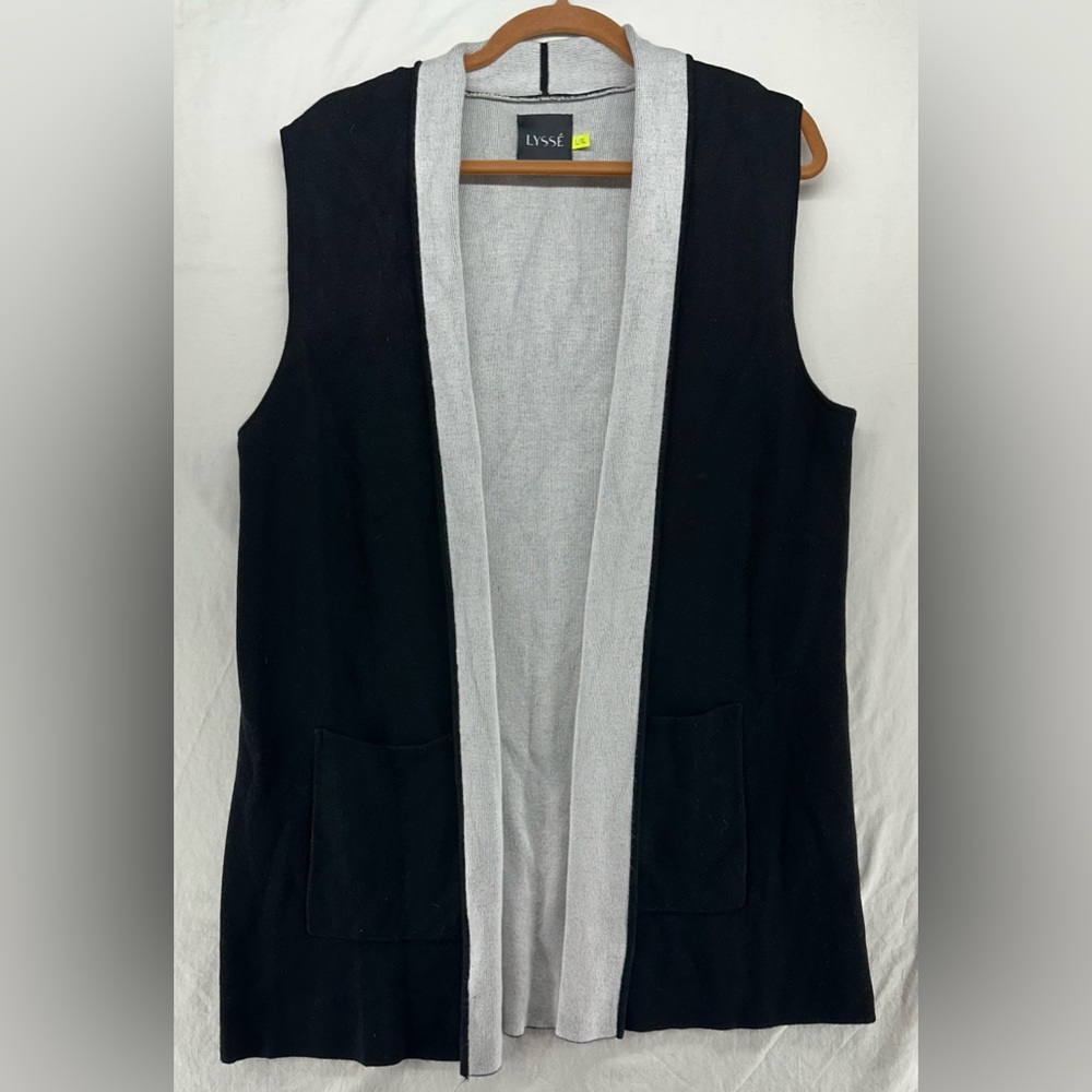 Lysse Womens‎ Black White Lined Sleeveless Open Front Cardigan Size L / XL